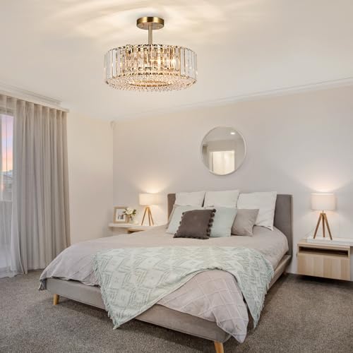 15.8“ Modern Crystal Chandelier Gold Round Semi Flush Mount Ceiling Light Fixture Chandelier for Living Room Dining Room Bedroom Hallway Entryway Kitchen