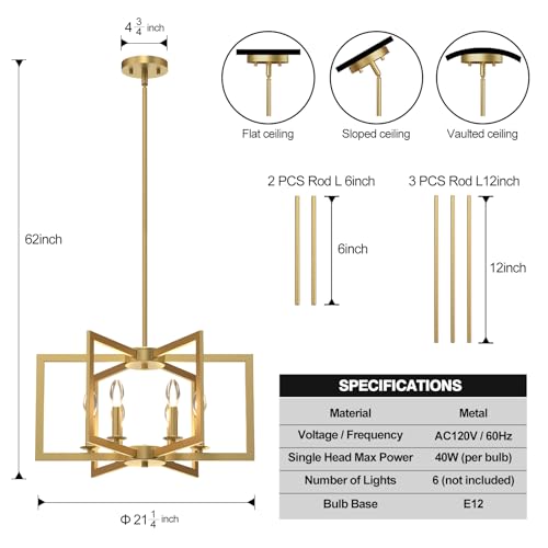 Modern Gold Chandelier, 6-Light Geometric Dining Room Light Fixture, Industrial Pendant Lights Kitchen Island, Hanging Metal Farmhouse Chandelier for Bedroom, Entryway, Foyer, Kitchen, Living Room