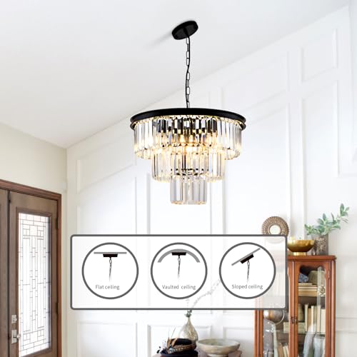 8 Light Modern Crystal Chandelier 20'' Black Chandeliers for Dining Room Contemporary Pendant Light Fixture Round 3-Tier Adjustable Height E12 for Living Room, Foyer, Entryway, Bedroom