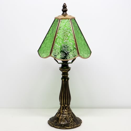 Small Tiffany Table Lamp Pink Bark Pattern Style Stained Glass Desk Lamps 6X6X14 Inch Bronze Resin Base Antique Mini Accent Light