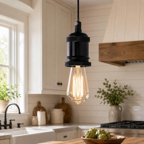 E26 Lamp Holder Socket Black Metal Vintage Edison Bulb Holder IP20 Hardwired Medium Base Fitting for Pendant Wall Table Lamps DIY Indoor Lighting (4 Count)