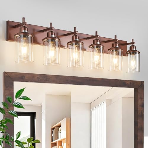 6 Light Bronze Bathroom Light Fixtures Over Mirror