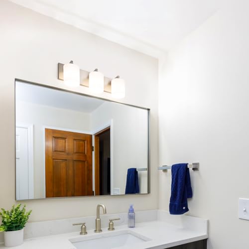 3 Light Brushed Nickel Bathroom Vanity Light with White Glass Shades