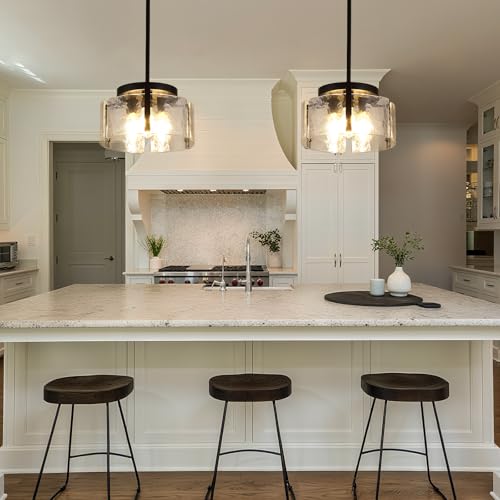 Glass Drum Chandelier for Dining Room, 3-Light Black Modern Chandelier Farmhouse Lights Kitchen Lighting Fixtures Over Table for Foyer Entryway Hallway Laundry Room Bedroom Bathroom