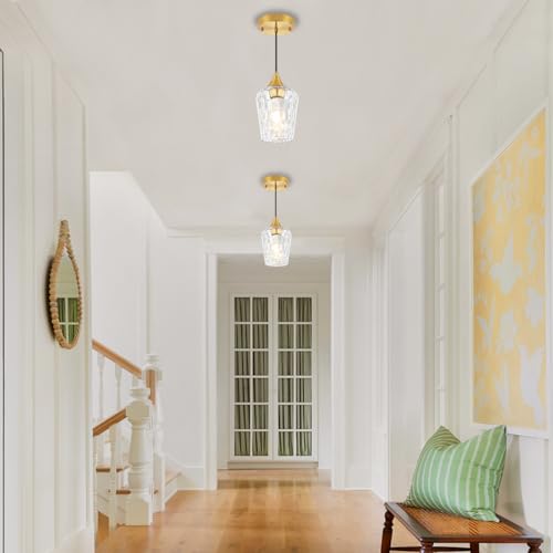 Hammered Glass Pendant Lights Brushed Gold Kitchen Lighting Over Island (3 Count)