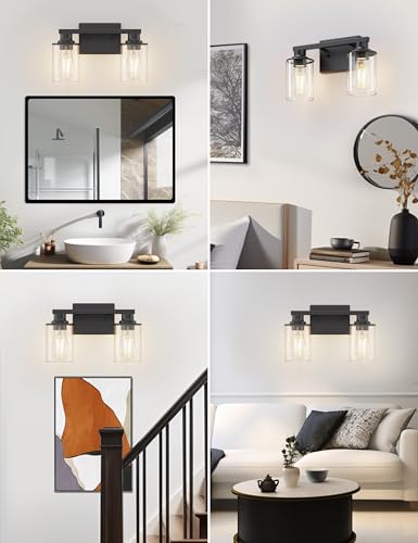2 Light Black Bathroom Light Fixtures Over Mirror with Clear Glass Shade