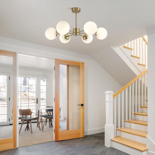 6 Light White Milk Glass Chandelier Brass Gold Sputnik Ceiling Light