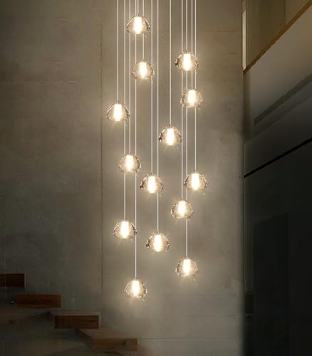 14 Light Modern Chandeliers for Entrance High Ceiling Chandelier Long Lights Fixture LED Ceiling Light Bubble Crystal for Hallway Foyer Stairwell