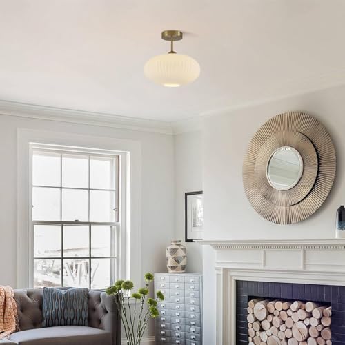 Mid Century Modern Brass Semi Flush Mount Ceiling Light Small Ribbed Milk Glass Flush Mount Ceiling Light Gold and White Flush Mount Light Vintage Hallway Lighting Fixtures