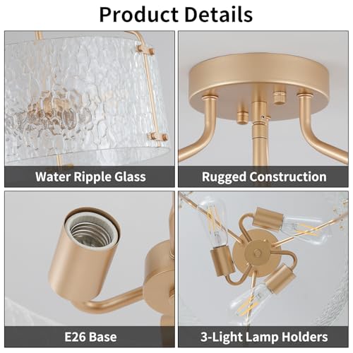 Semi Flush Mount Ceiling Light Fixture Glass Drum Chandelier Entryway Light Fixture 16''Gold Flush Mount Ceiling Lights 3 (3 Count)