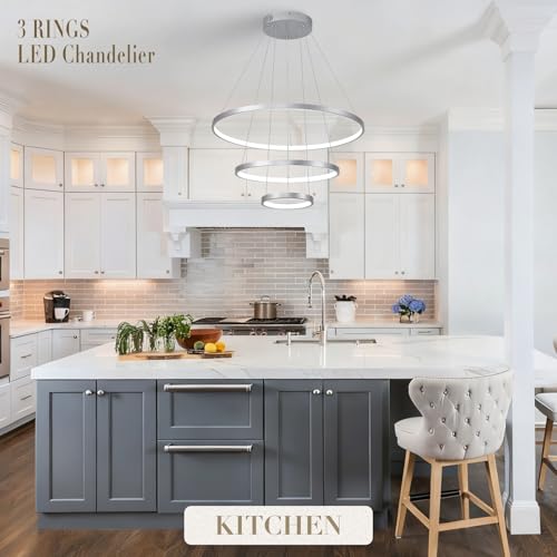 Modern Silver LED Chandeliers 3 Rings Chandelier 23.6" Dimmable LED Pendant Light Fixture Remote Control Contemporary Flush Mount Chandelier for Dining Room Bedroom Foyer