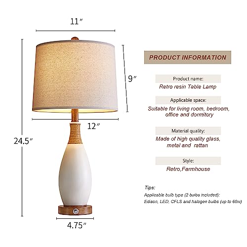 24.5” 3 Way Dimmable Touch Control Bedside Table Lamp Set of 2 with USB and Type