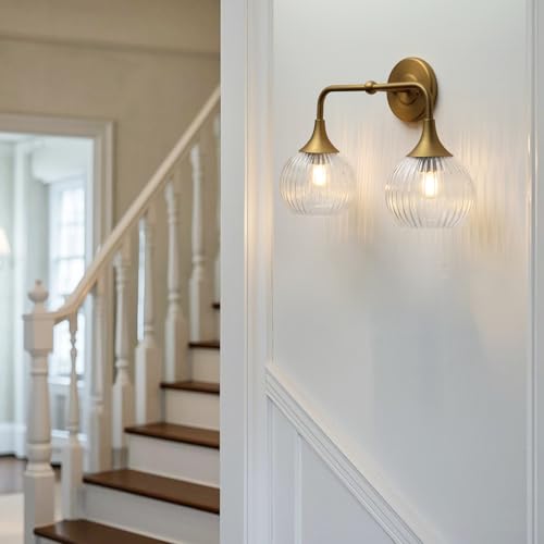 Wall Sconce Vintage Vanity Light Antique 2 Lights Sconce with Clear Ribbed Globe Glass Shade Antique Brass Gold Double Sconces for Bathroom