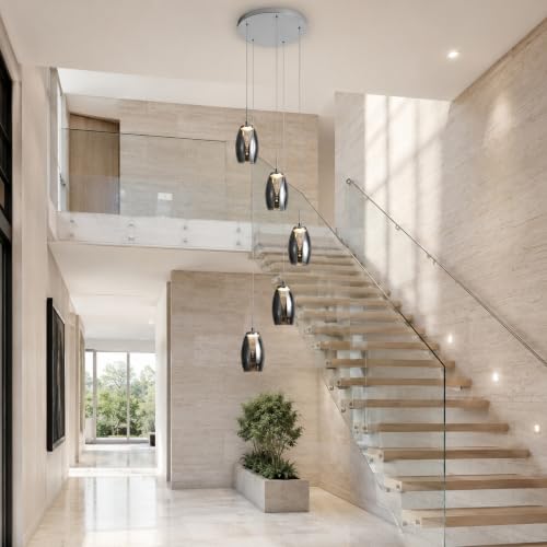 Modern 5 Light LED Staircase Chandelier with Smoke Gray Glass