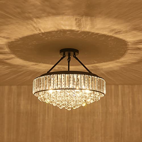 6 Light Modern Large Crystal Chandelier Black Metal E26 Semi Flush Mount Round Light Fixture Ceiling Lamp Farmhouse for Dining Living Room Laundry Foyer Kitchen Balcony Bedroom