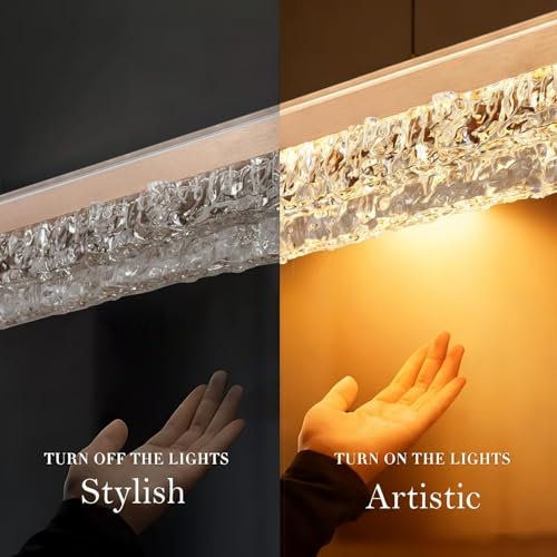 Modern Chandelier Gold Led Crystal Linear Pendant Lights Kitchen Island Lighting Minimalist Dimmable Ceiling Hanging Light Fixture Dining Room with Remote Control