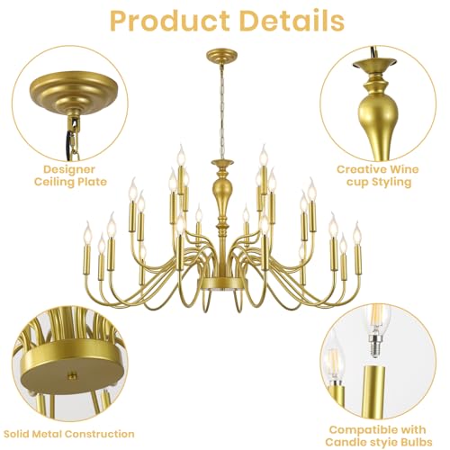 24 Light Large Gold Chandelier Farmhouse Chandeliers for High Ceiling Foyer