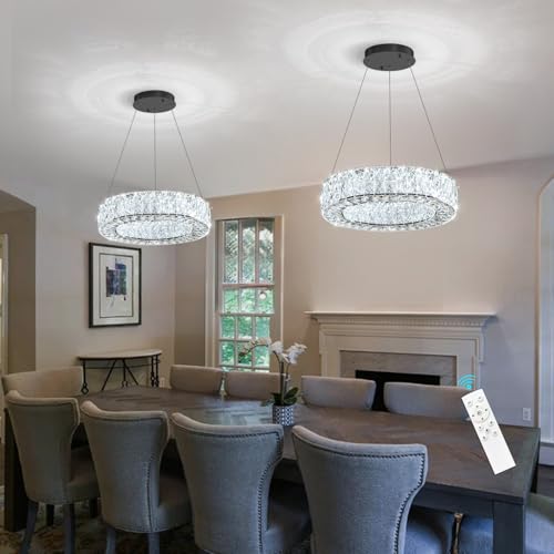 Modern Chandelier for Dining Room Dimmable LED Pendant Lights for Kitchen Island Lighting Black Ring Crystal Chandeliers for Bedroom Entrance Living Room