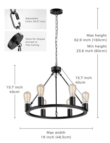 L LOHAS LED Black Farmhouse Chandeliers for Dining Room, 6-Light Wagon Wheel Chandelier Over Table, Height Adjustable, 19" Dining Room Light Fixtures, Modern Chandelier for Kitchen Island Living Room