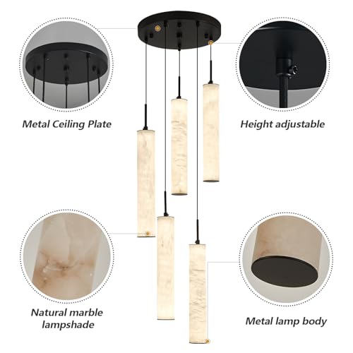 Natural Alabaster Pendant Lights for Kitchen Island White Marble Long Tube Chandelier 4000K Modern Black Ceiling Light Fixtures for Bedroom Dining Room Table Living Room Hallway