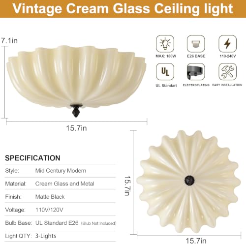 15.7in Cream Glass Ceiling Light Flush Mount Flower Shade 3 (Black & Cream / 15.7in)