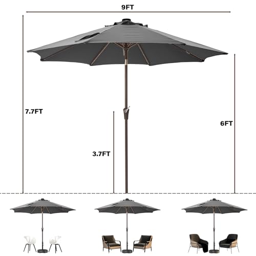 9 FT Outdoor Umbrella with lights pool Umbrella outdoor patio Grey