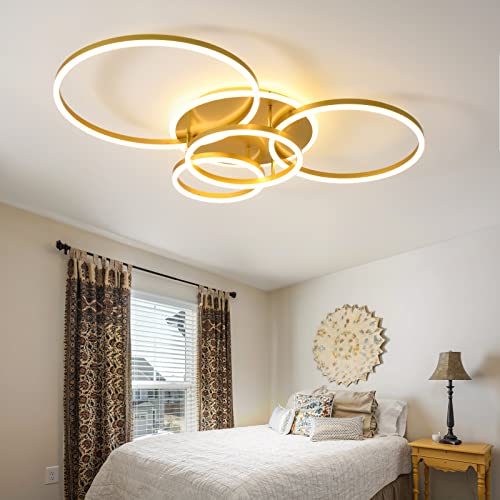 Modern LED Ceiling Light 90W Dimmable Ceiling Light Fixture with Remote Control 5 Rings Flush Mount Ceiling Light Gold Acrylic Chandelier LED for Living Room Bedroom Kitchen Light fixtures