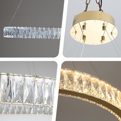 Modern Large Gold Ring Chandelier Dimmable LED 47.5in Adjustable Gold Crystal Ring Pendant Light Fixtures for Dining Room Living Room