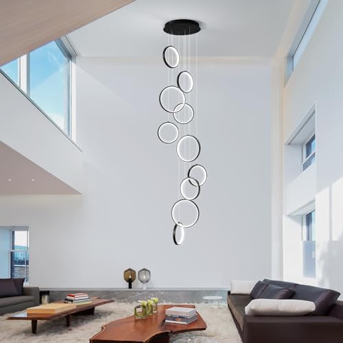Modern 10 Ring Black LED Chandelier for High Ceilings and Foyers