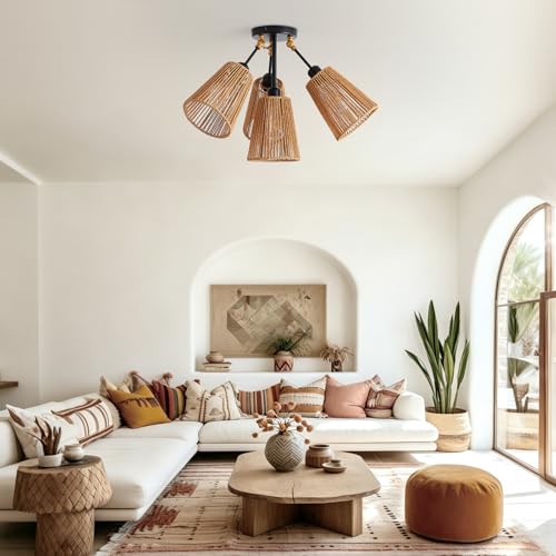 4 Light Rattan Boho Ceiling Light Adjustable Arms Farmhouse Fixture (1 Pack 4-Light)