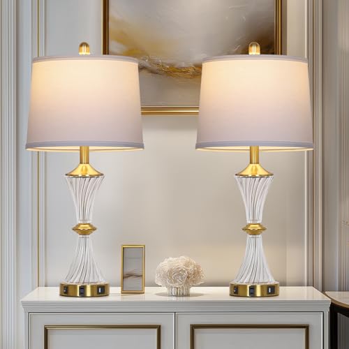 Crystal Glass Table Lamp Set of 2 with USB C+A Ports & AC Outlet (2 Count)