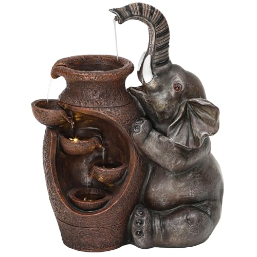 AUTODAYA 19" H Elephant Statue Outdoor Water Fountain with Warm LED Lights