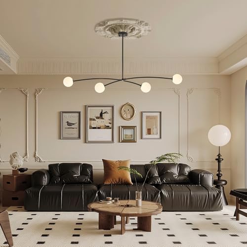 Black Sputnik Chandelier with Milk Glass Globe 4 Lights L51 Inch