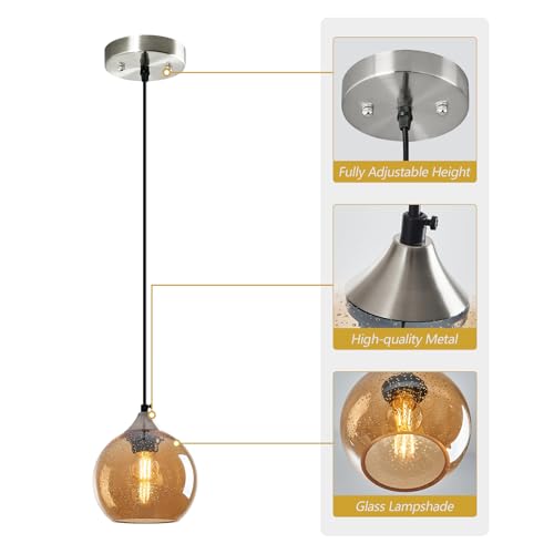 Amber Glass Pendant Lights Kitchen Island Globe Pendant Light Fixtures Modern Pendant Lighting for Bedroom Living Dining Room Light Fixture (2 Count)