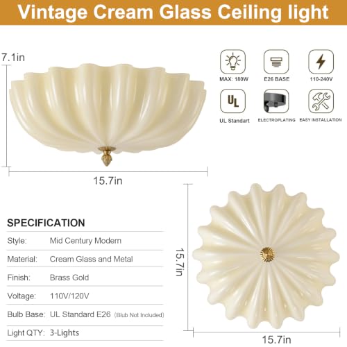 15.7in Cream Glass Ceiling Light Flush Mount Flower Shade 3 (Gold & Cream / 15.7in)