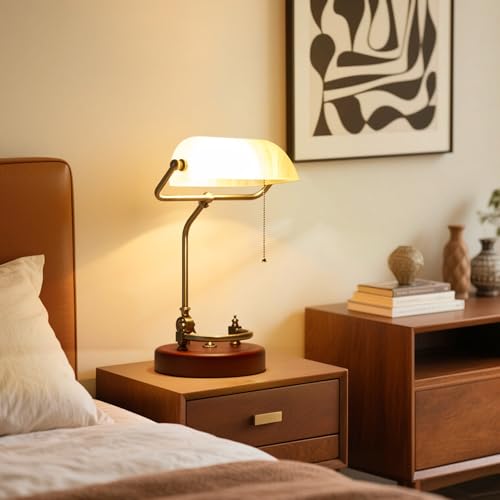 Bankers Lamp Traditional White Glass Desk Lamp Solid Wood Pull Chain Switch