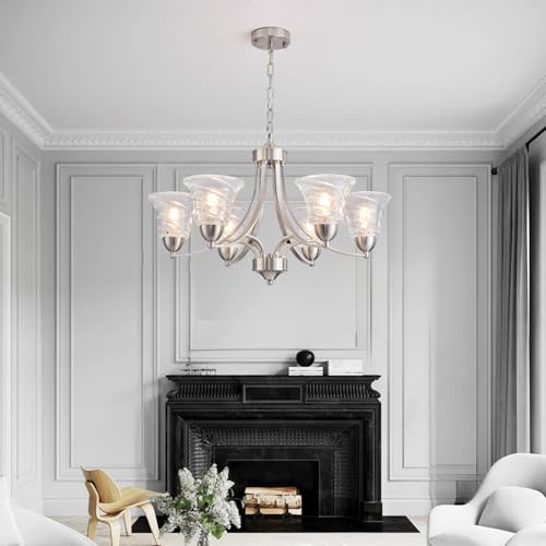 Modern Brushed Nickel Farmhouse Chandelier 6 Light Silver Chandeliers for Dining Room Adjustable Height Hanging Light Fixture with Clear Glass Shade