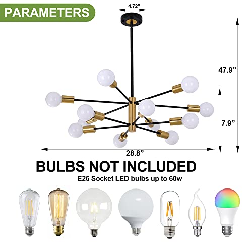12-Light Modern Sputnik Chandelier, Mid Century Black Gold Ceiling Chandeliers, E26 Base,Branch Height Adjustable Pendant Lighting Fixture for Kitchen Island Dining Room Living Room Bedroom