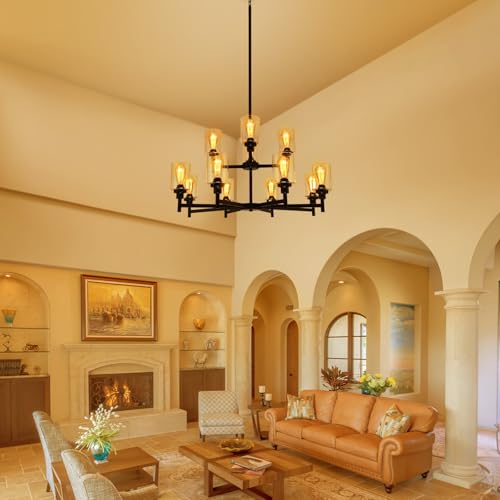 2-Tier 12-Light Large Black Farmhouse Chandeliers for Living Dining Room