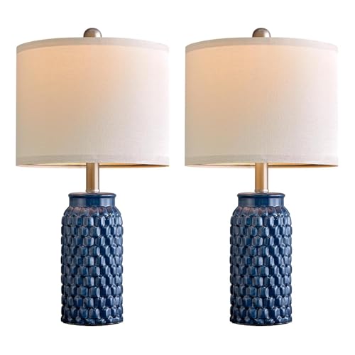 20.5 inches Modern Ceramic Dark Blue Bedside Lamp Set of 2 for Bedroom Decor Farmhouse Table Lamp for Living Room Office Dorm (2 Count)