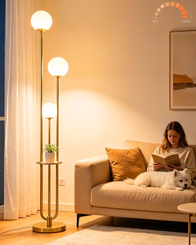 63IN Dimmable Gold Floor Lamp with Shelf Mid Century Standing Lamps with 3000K Bulbs Included Modern Globe Floor Lamp for Living Room (3 Count)
