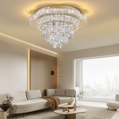 18" Gold Crystal Flush Mount Chandelier Modern LED Ceiling Light Fixture