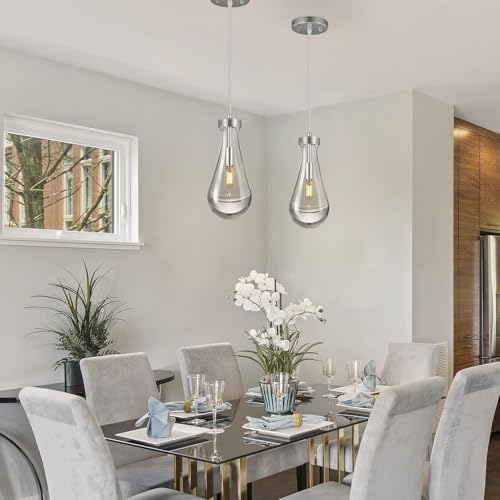 Raindrop Pendant Lights Kitchen Island Set of 2 Teardrop Chrome Hanging Light Fixtures Clear Solid Glass Pendant Light Modern Chandeliers for Dining Room Porch Corridor Living Room (2 Count)