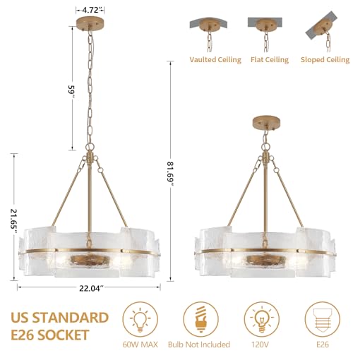 Modern Dining Room Chandelier 22” Gold Textured Glass Drum Chandelier