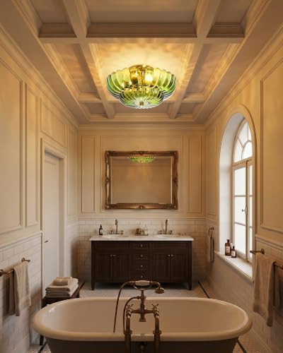 Semi Flush Mount Ceiling Light Fixture 14" Vinatge Gold Ceiling Lights Mid Century Modern Green Glass Close to Ceiling Lighting Fixtures for Bedroom Hallway Kitchen Laundry Room Bathroom