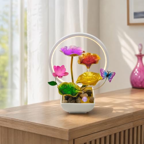 Tabletop Fountain Metal Lotus Indoor Fountain Water Feature for Zen Home Office Fengshui Decor Warm Light