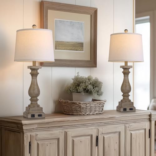 28" Tall Farmhouse Table Lamp with USB C+A Ports and AC Outlet
