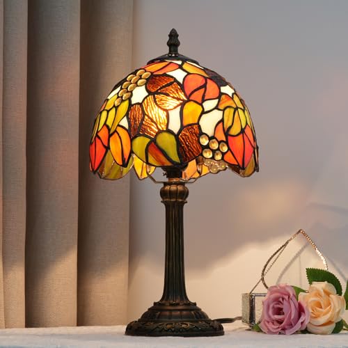 Tiffany Stained Glass Table Lamp Orange Grape Bedroom Bedside Reading Desk Light for Office Dormitory Bar Decorate Retro Style Unique Cute Accent Decor Cottage 8" Village Nightstand Lamps
