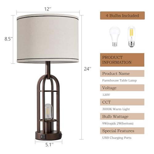 Farmhouse Table Lamps for Living Room Bedroom Set of 2