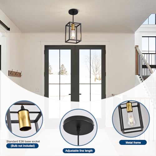 Black Pendant Lights for Kitchen Island Industrial Lantern Pendant Light Fixtures with Golden lamp Cup (3 Count)
